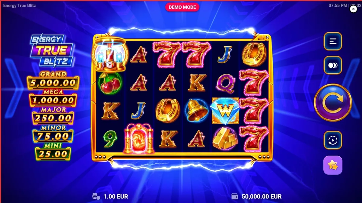 Tampilan layar permainan slot Energy True Blitz dengan nuansa neon elektrik