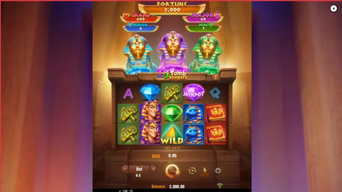 Tampilan visual slot 3 Tomb Keepers dengan tema makam Mesir kuno